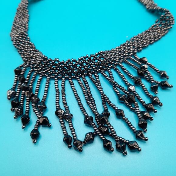 Vintage Hand Woven Seed Bead Fringe Necklace, Metallic Black, 15 1/2" - Picture 6 of 8
